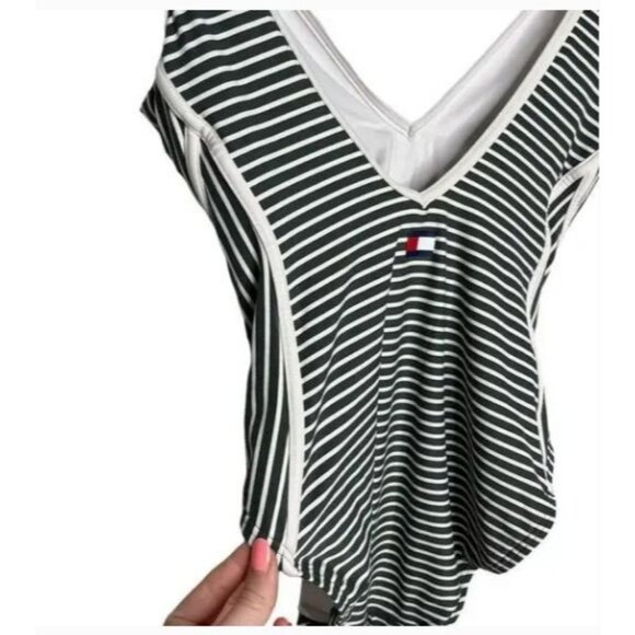 Tommy Hilfiger Striped One Piece Swimsuit Olive White Size 10 - Picture 5 of 9